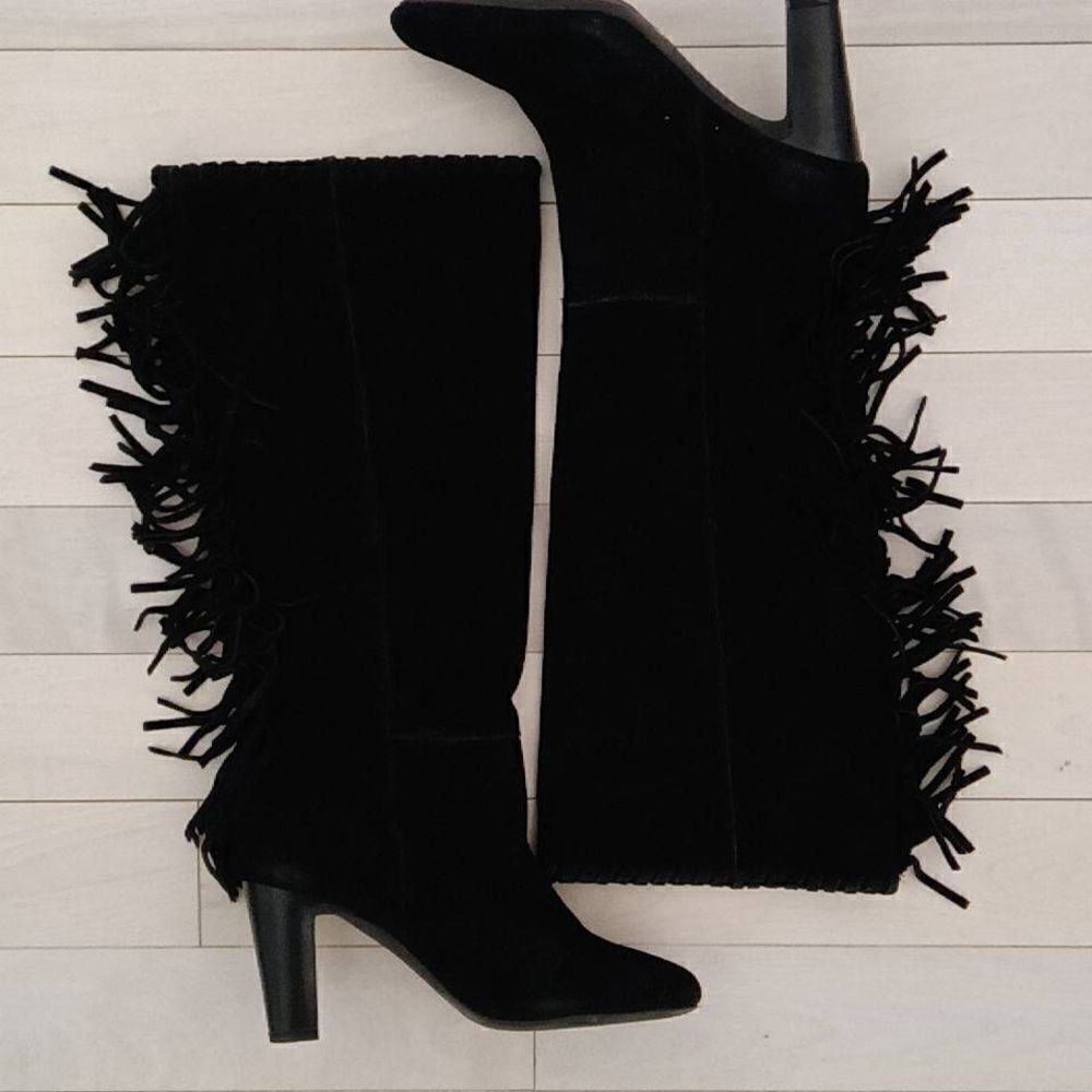 Cosmopolitan Women's Black Suede Wide Calf Fringe Stacked Heel Boots Size 8.5